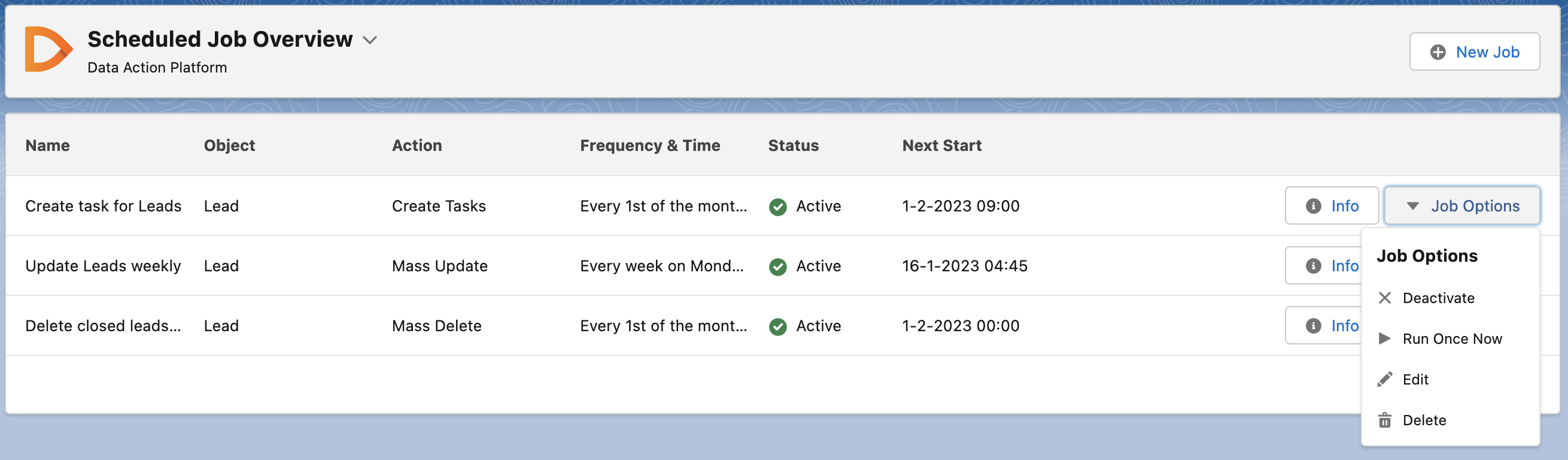 The scheduled job overview with the Job Options menu open