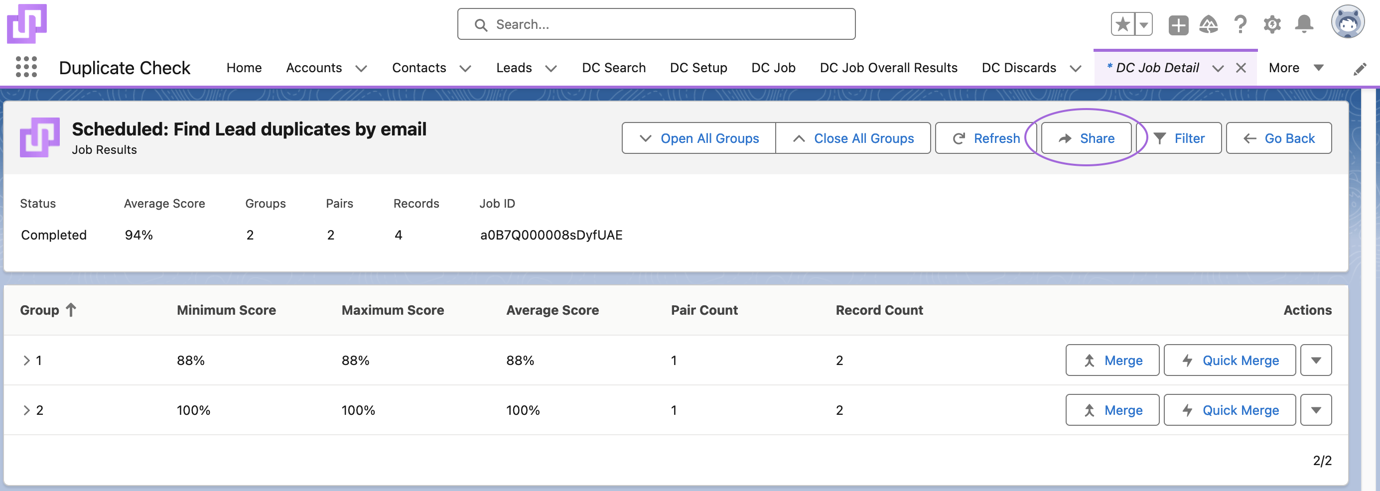 The DC Job results page (tab DC Job Detail) with the Share button marked