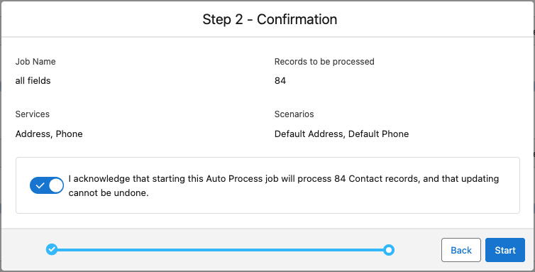 Confirmation window for the auto process job. The acknowledgement is toggled on and the Start button is active.