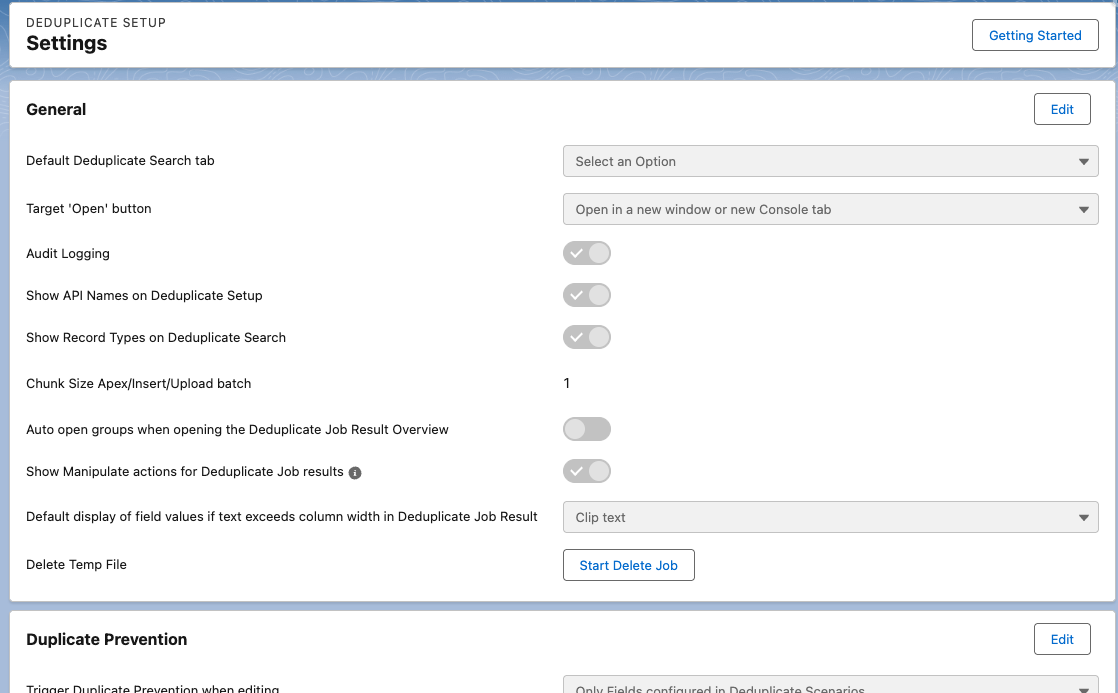 The Deduplicate Settings page